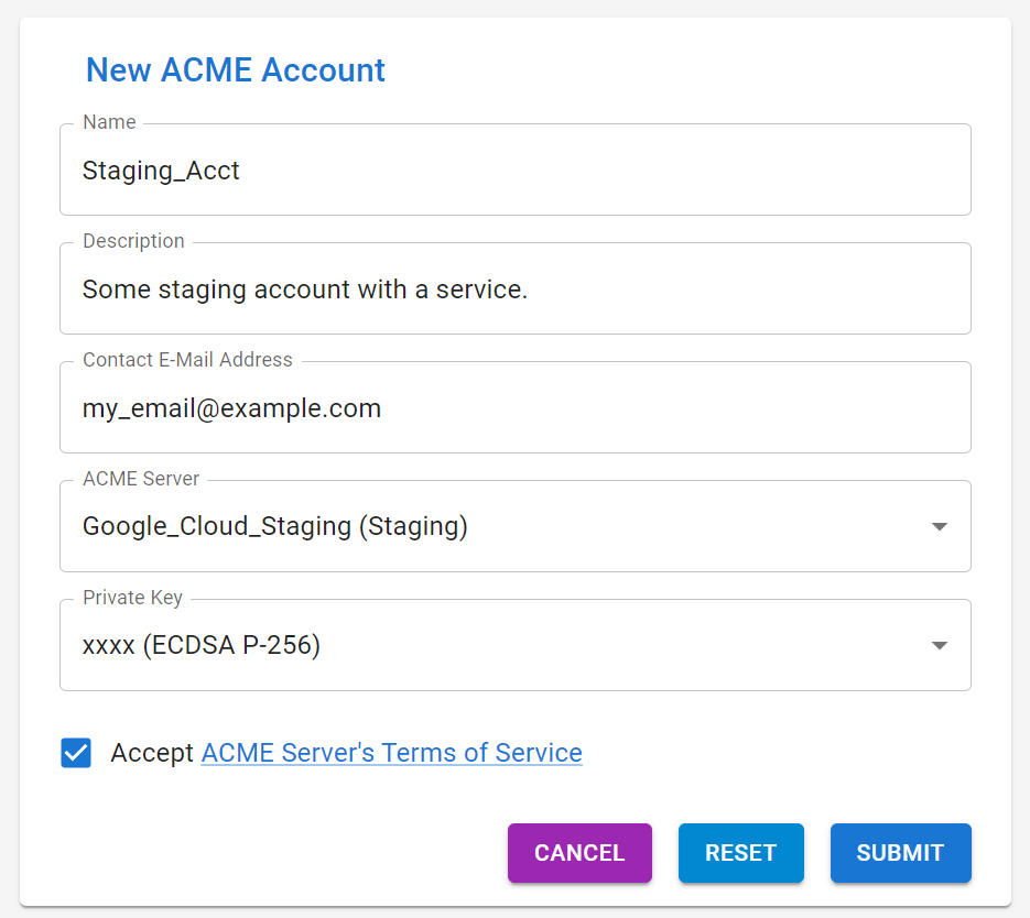 New ACME Account Page