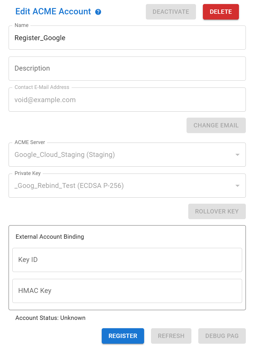 ACME Account Page Before Registration