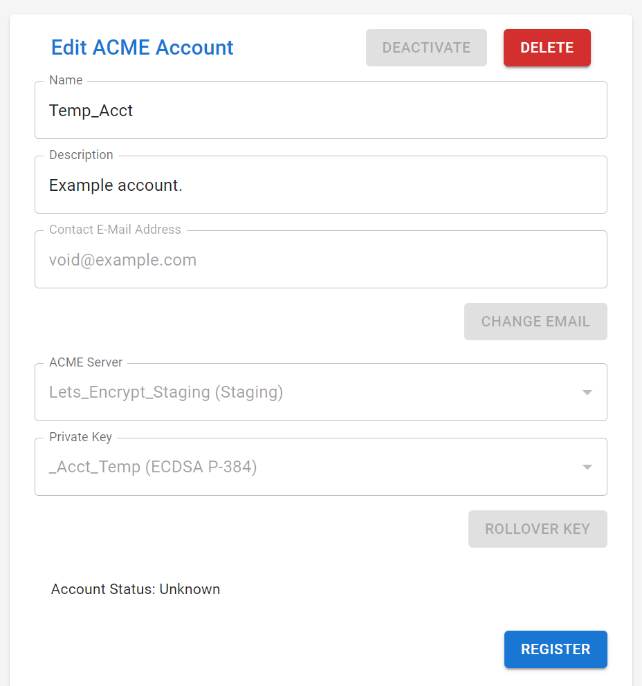 ACME Account Page Before Registration